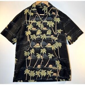 Royal Creations Hawaiian Shirt Men Medium Black Palm Trees Cotton Made in Hawaii